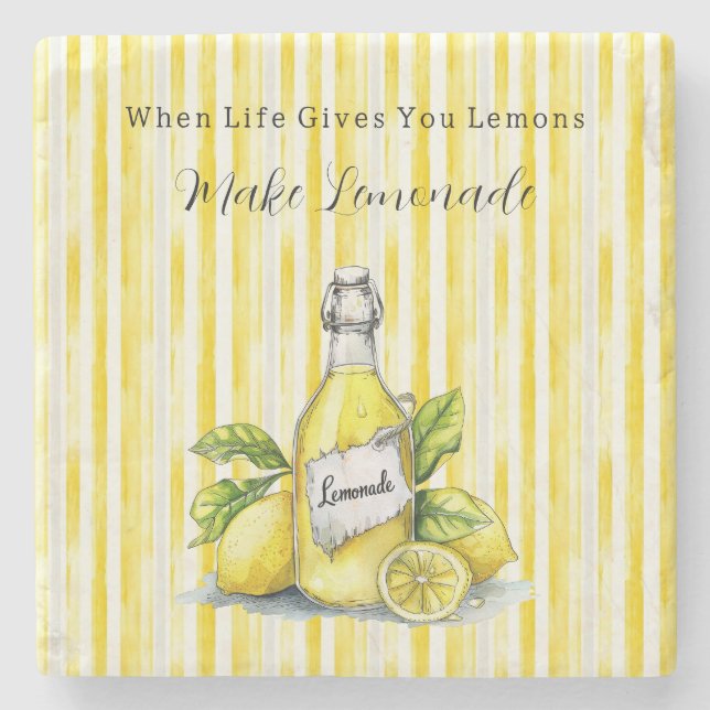 Lemon Yellow White Stripes Lemonade Stone Coaster (Front)