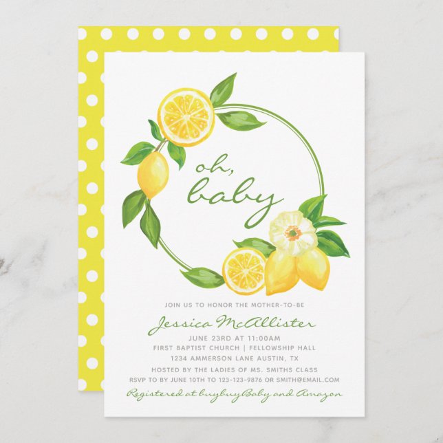Lemon Yellow Wreath Citrus Polkadot Baby Shower Invitation (Front/Back)