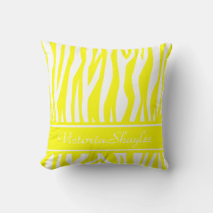 Lemon Yellow Zebra Print with custom text Cushion