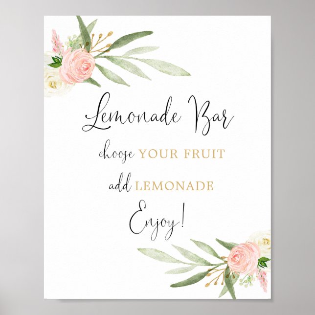 Lemonade Bar blush pink white gold floral sign (Front)