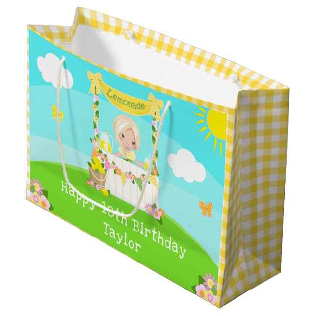 Lemonade Blonde Hair Girl Happy Birthday Large Gift Bag (Front Angled)