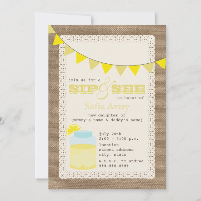 Lemonade Burlap Inspired Sip And See Invitation (Front)
