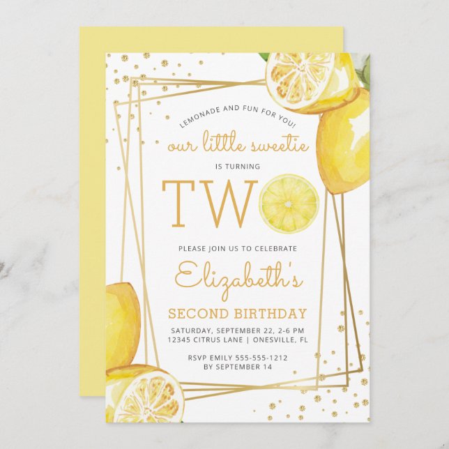 Lemonade Citrus Watercolor 2nd Birthday Party Invitation (Front/Back)