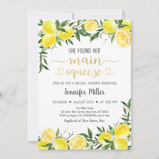 Lemonade Greenery Gold Main Squeeze Bridal Shower Invitation (Front)