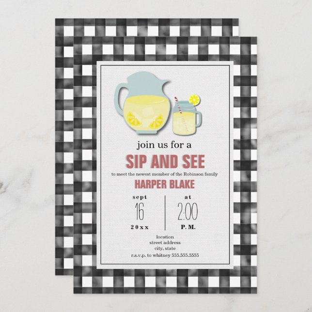 Lemonade Grey Gingham Sip & See Baby Invitation (Front/Back)
