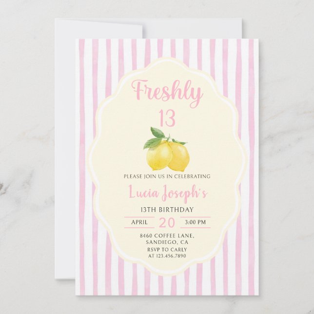 Lemonade Lemon Freshly 13th Birthday Invitation (Front)