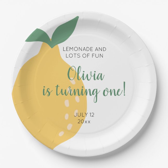 Lemonade Lots Turning One Lemon 1st Birthday Paper Plate (Front)