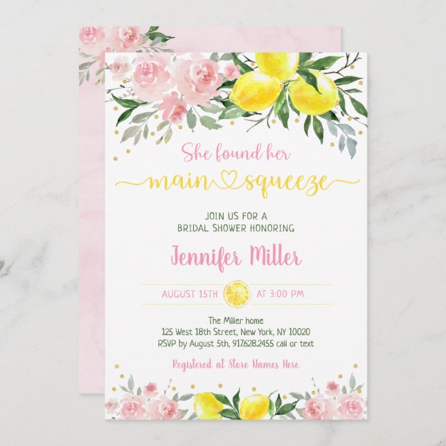 Lemonade Main Squeeze Pink Gold Bridal Shower Invitation (Front/Back)