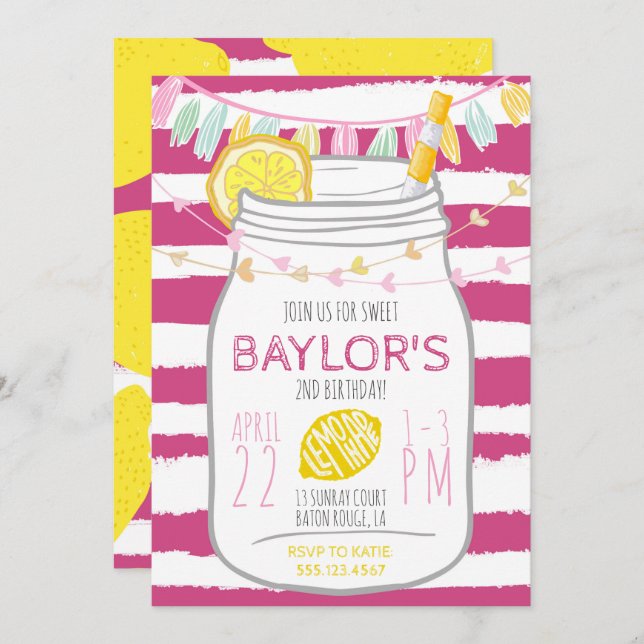 Lemonade Mason Jar Birthday Invitation (Front/Back)