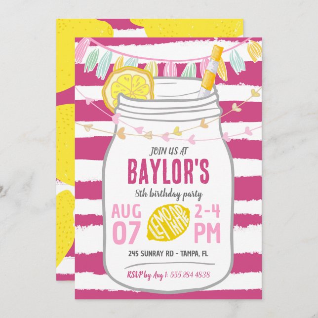 Lemonade Mason Jar Summer Birthday Invitation (Front/Back)
