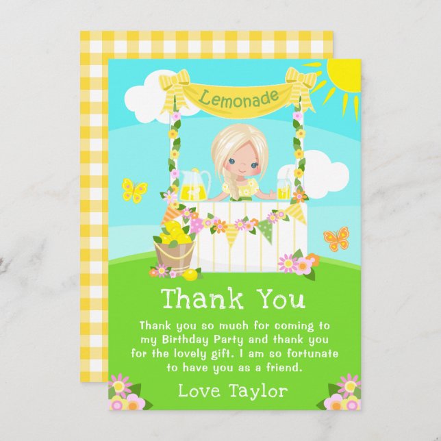 Lemonade Stand Birthday Blonde Hair Girl Thank You Card (Front/Back)