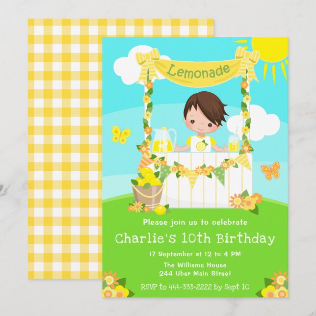Lemonade Stand Birthday Brown Hair Boy Invitation (Front/Back)