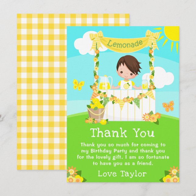 Lemonade Stand Birthday Brown Hair Boy Thank You Card (Front/Back)