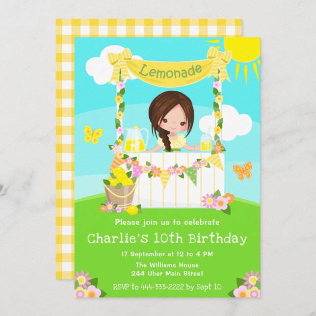 Lemonade Stand Birthday Brown Hair Girl Invitation (Front/Back)