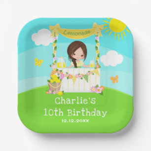 Lemonade Stand Birthday Brown Hair Girl Paper Plate