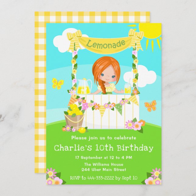 Lemonade Stand Birthday Red Hair Girl Invitation (Front/Back)