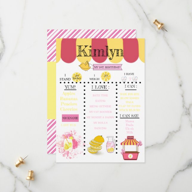 Lemonade Stand Pink 1st Birthday Party  Save The Date (Front/Back In Situ)