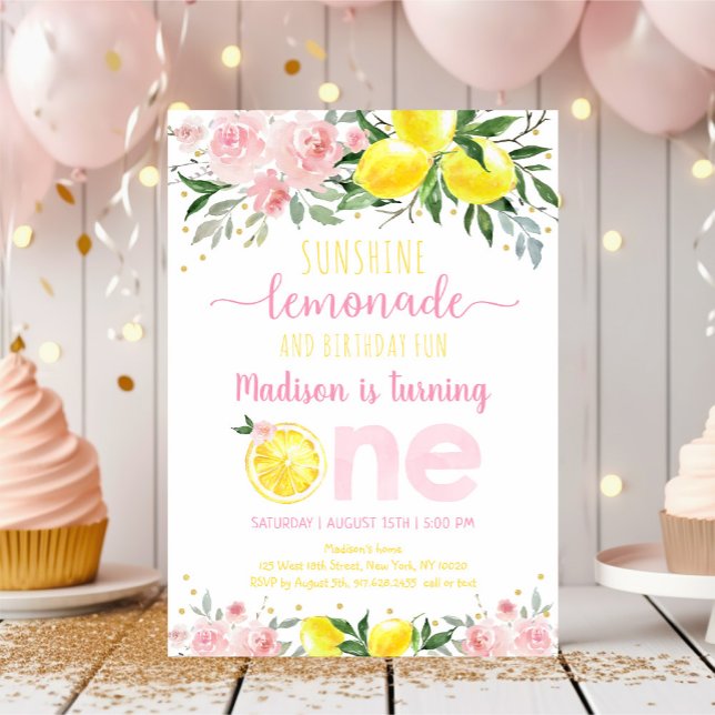 Lemonade Sunshine Pink Floral First Birthday Invitation (Creator Uploaded)