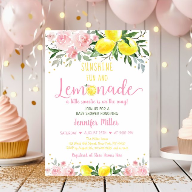Lemonade Sunshine Pink Gold Floral Baby Shower Invitation (Creator Uploaded)