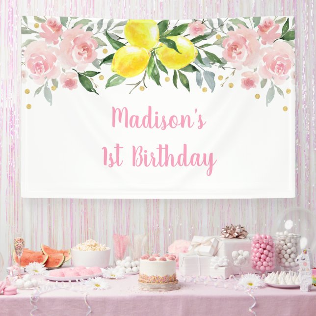 Lemonade Sunshine Pink Gold Floral Birthday Banner (Party)