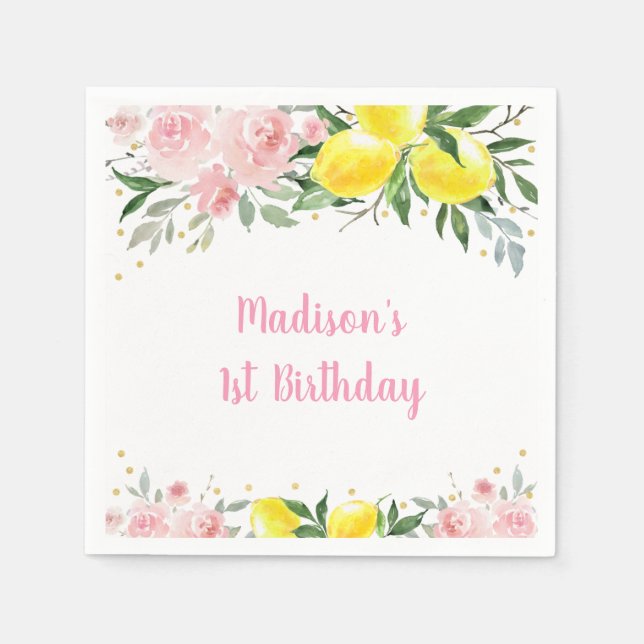 Lemonade Sunshine Pink Gold Floral Birthday Napkin (Front)