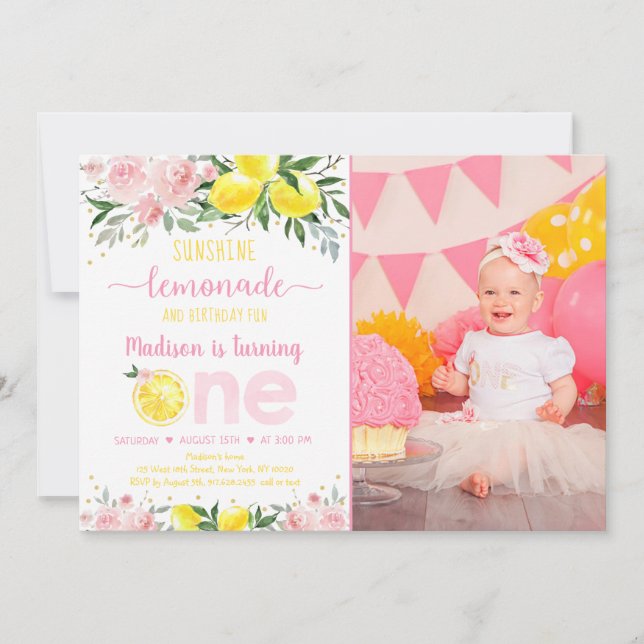 Lemonade Sunshine Pink Gold Floral First Birthday  Invitation (Front)