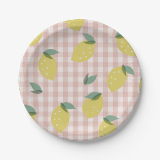 Lemonade Sunshine Pink Plaid First Birthday Paper Plate