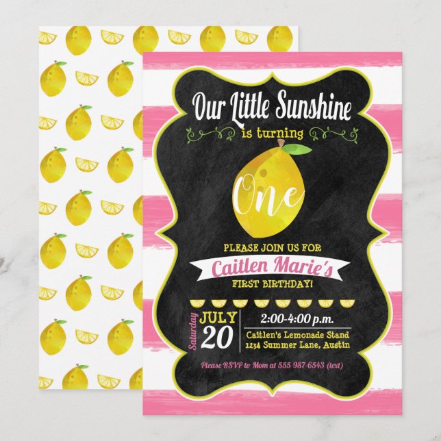 Lemonade Sunshine Pink Yellow Chalkboard Birthday Invitation (Front/Back)
