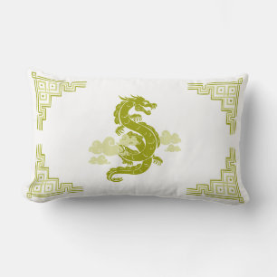 Lemongrass Green Chinoiserie Dragon and Clouds Lumbar Cushion