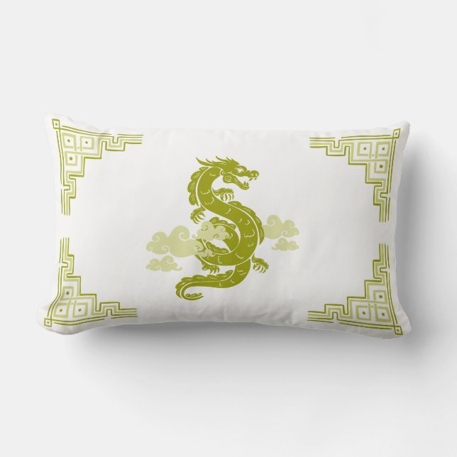 Lemongrass Green Chinoiserie Dragon and Clouds Lumbar Cushion (Front)