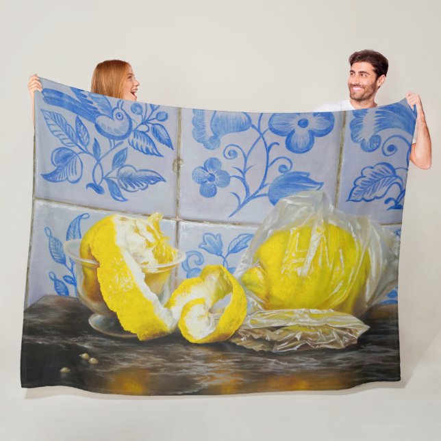 Lemons and Azulejos — Classic Blue & Yellow Still  Fleece Blanket (In Situ)