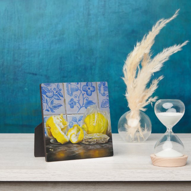 Lemons and Azulejos — Classic Blue & Yellow Still  Plaque (Insitu)