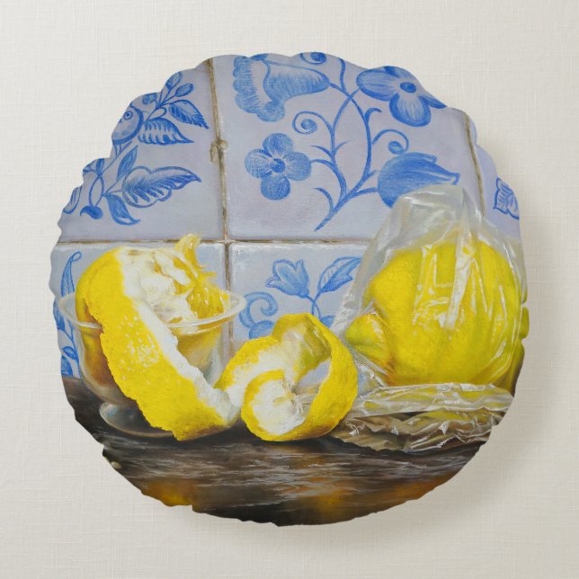 Lemons and Azulejos — Classic Blue & Yellow Still  Round Cushion (Front)