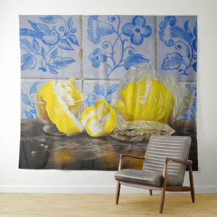 Lemons and Azulejos — Classic Blue & Yellow Still Tapestry