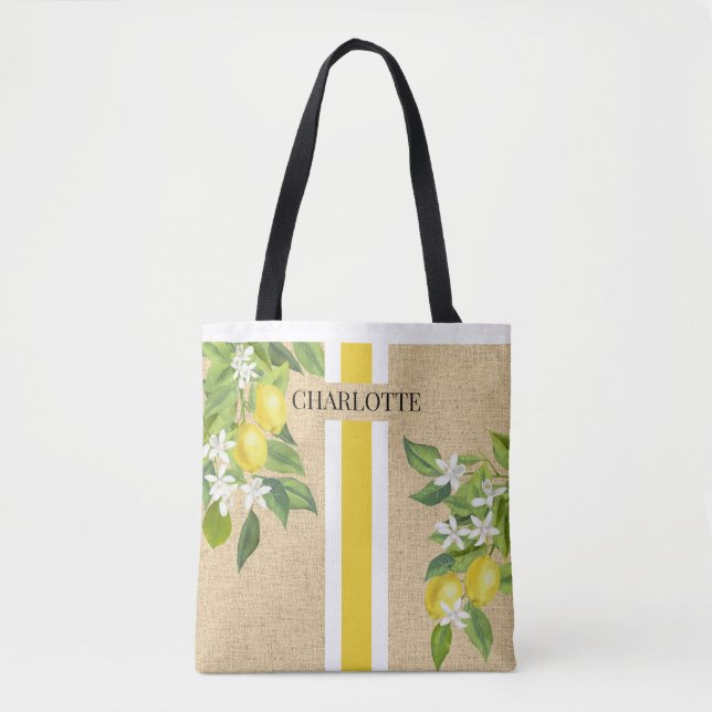 Lemons and Blossoms Monogram Faux Burlap Jute Tote Bag (Front)