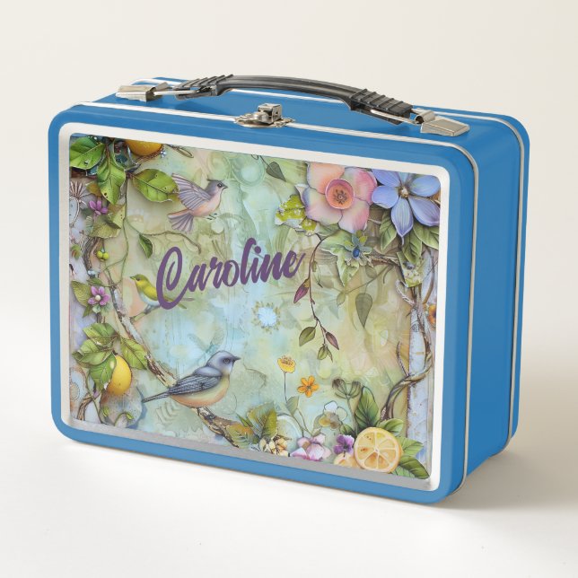 Lemons and Bluebirds Watercolor Metal Lunch Box (Front)