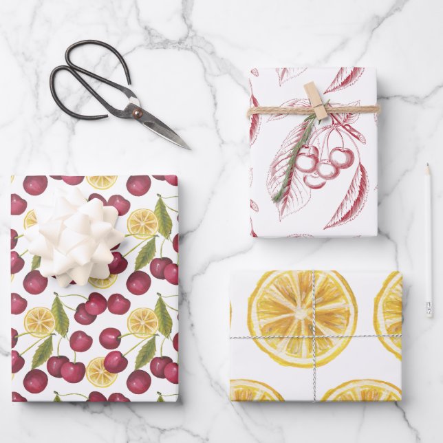 Lemons and cherries 3 sheets of wrapping paper (Front)