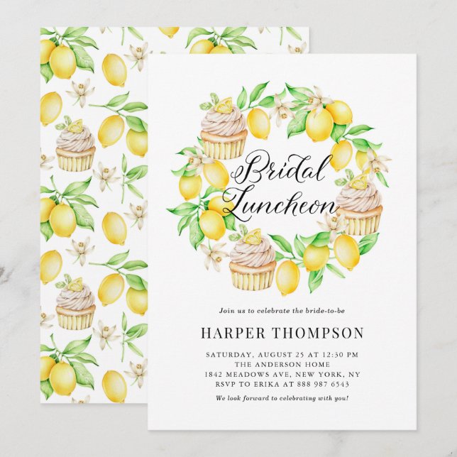 Lemons and Cupcakes Wreath Summer Bridal Luncheon Invitation (Front/Back)