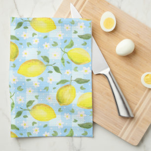 Lemons and Daisies Blue Plaid Tea Towel