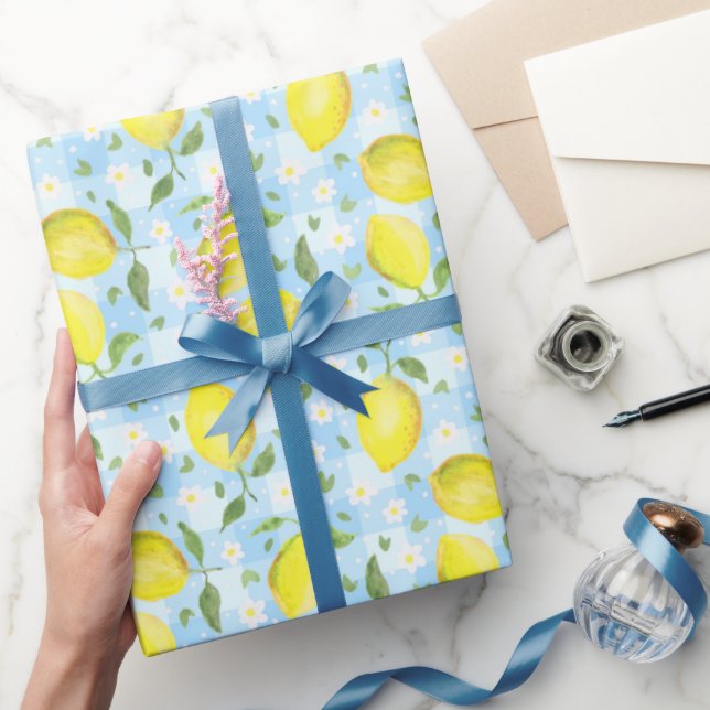 Lemons and Daisies Blue Plaid Wrapping Paper (Gifting)