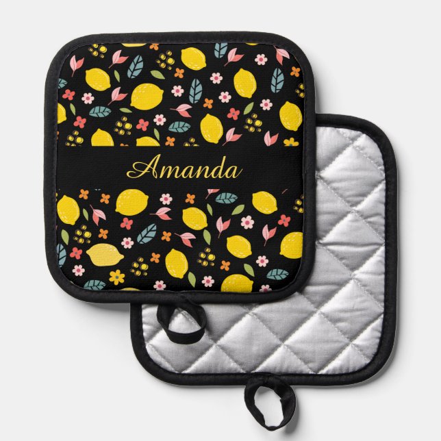 Lemons And Flowers | Custom name Pot Holder (Front/Back)