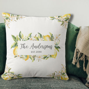 Lemons and Flowers Floral Botanical Family Name Cushion