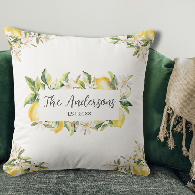 Lemons and Flowers Floral Botanical Family Name Cushion (In situ)
