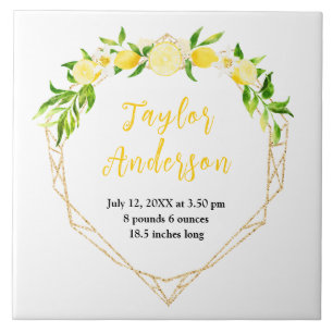 Lemons and Foliage Baby Birth Stats Ceramic Tile