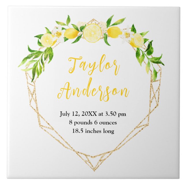 Lemons and Foliage Baby Birth Stats Ceramic Tile (Front)