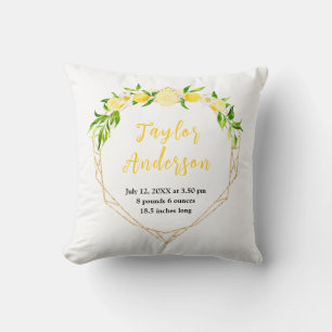Lemons and Foliage Baby Birth Stats Cushion