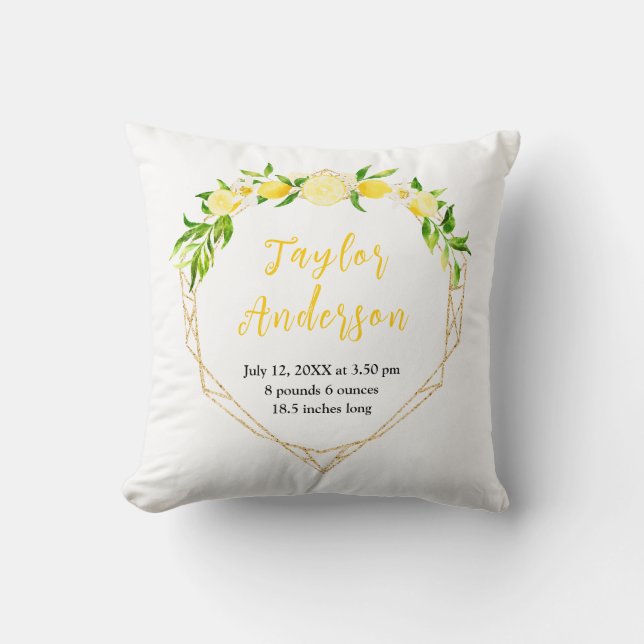 Lemons and Foliage Baby Birth Stats Cushion (Front)