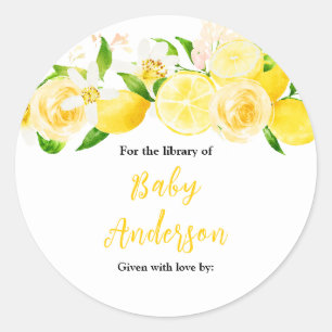 Lemons and Foliage Baby Shower Bookplate Classic Round Sticker