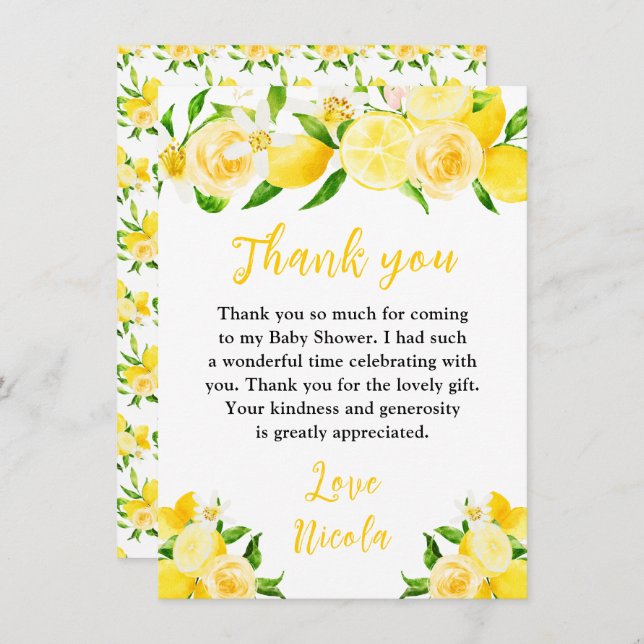 Lemons and Foliage Baby Shower Thank You Card (Front/Back)