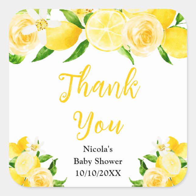 Lemons and Foliage Baby Shower Thank You Square Sticker (Front)